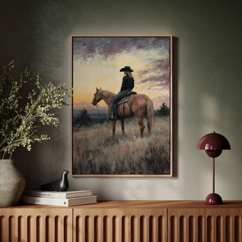 Evening Watch – Cowgirl and Horse at Sunset